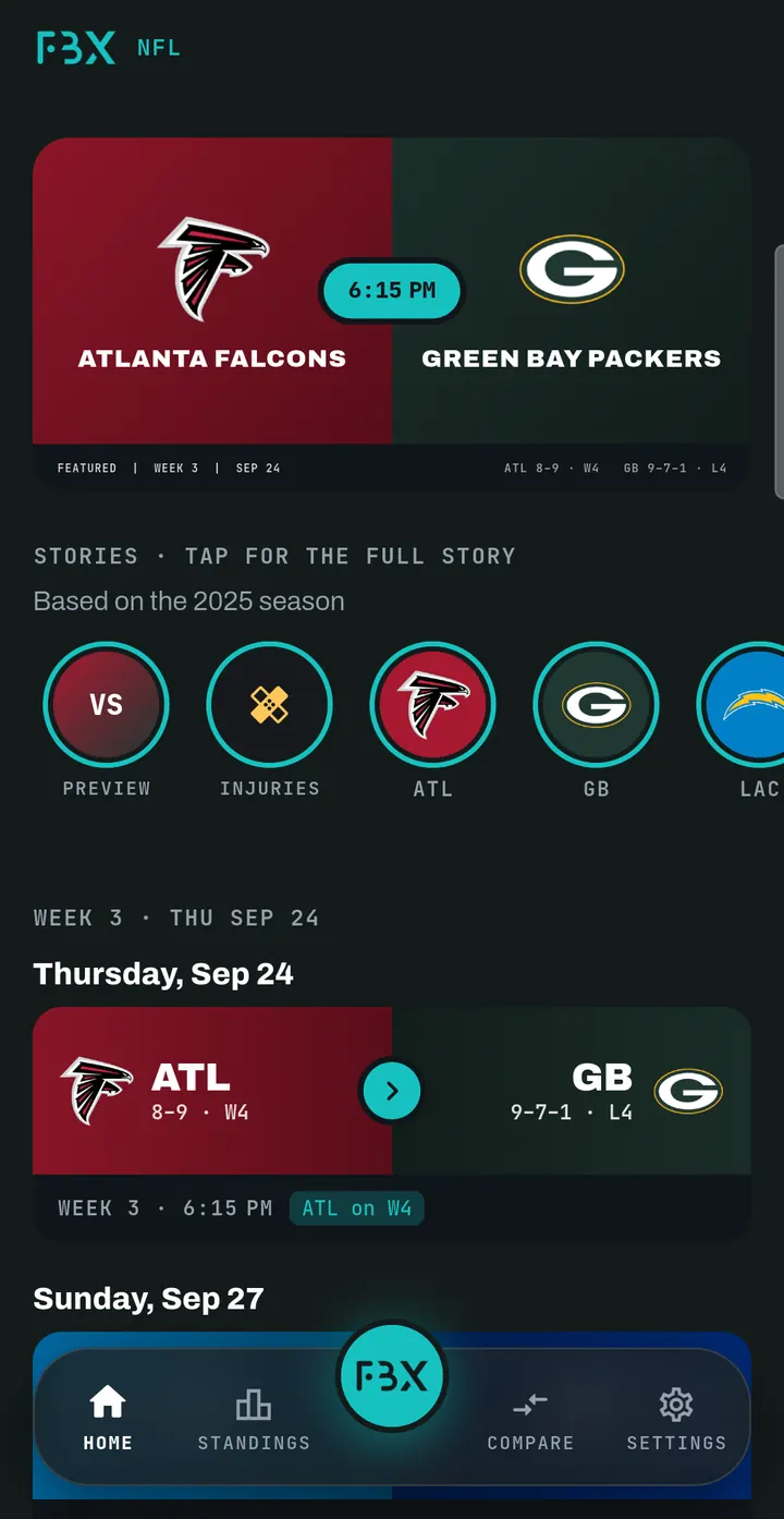 FBX home screen: the featured Falcons at Packers game, team story shortcuts and the week’s games